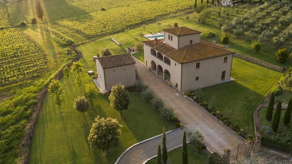 A large estate with a central building, a swimming pool, and expansive vineyard fields.