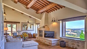 Amplia sala de estar con chimenea de piedra, un sofá y una televisión.