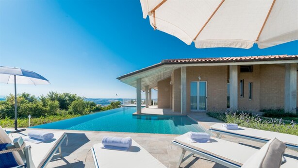 A poolside area with lounge chairs and umbrellas, a clear blue sky, and a view of the sea.