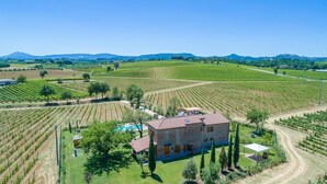 A stone building with a red-tiled roof surrounded by vineyard fields and a clear blue sky.