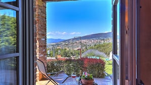 A balcony with a view of a town and mountains, a chair, a table with a bottle and glasses, and a potted plant. - San Rocco 4 in Montecchio (Montecchio)