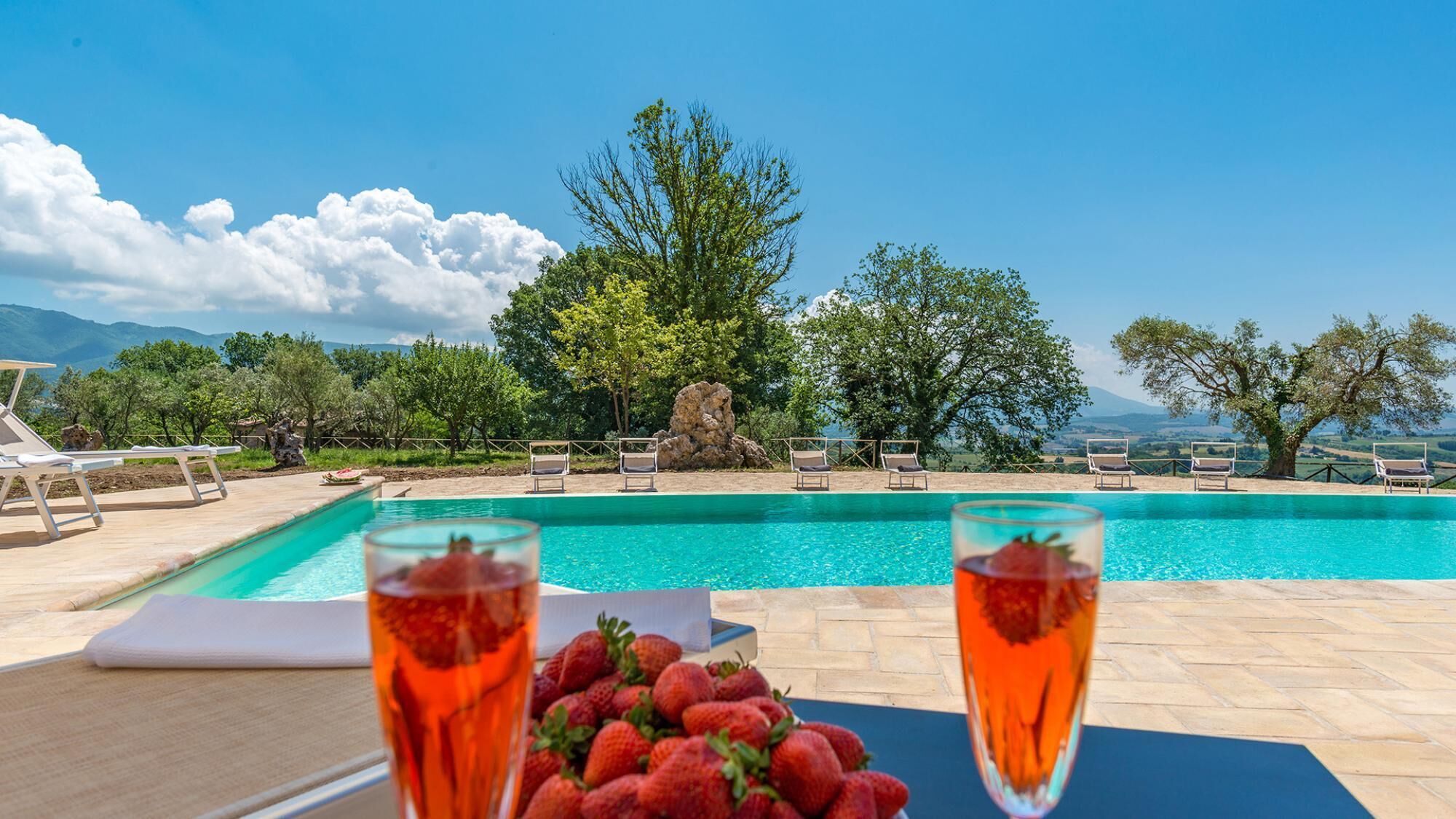 Vista de la piscina con sillones, una mesa con fresas y bebidas, y un paisaje montañoso al fondo.