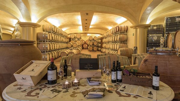 Una cava de vinos con hileras de barricas de madera, una mesa de degustación con botellas y copas de vino, y un ambiente acogedor con iluminación cálida.