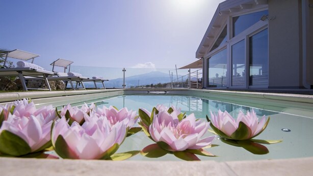 A swimming pool with lotus flowers in the foreground, a clear sky, and a mountain in the background. - Villa Aura 6 in Giardini Naxos (Giardini Naxos)
