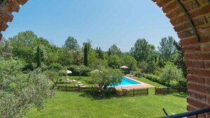 A backyard with a swimming pool, surrounded by a wooden fence and lush greenery.