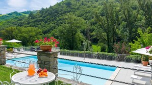 Un área de piscina con una fuente de piedra, sillas de descanso y una mesa con frutas y bebidas.