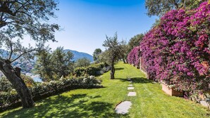 Un sendero atraviesa un jardín exuberante, con vistas a un cuerpo de agua y montañas a lo lejos.