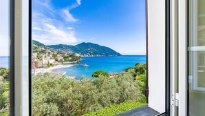 Vista costera desde una ventana, con playa, edificios y una montaña.