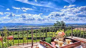 A balcony with a scenic view of a valley and mountains, a table with tea set, and a vase with flowers.