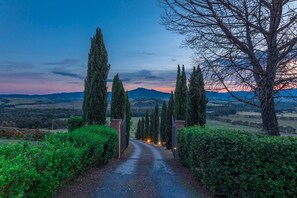 A rural pathway leading to a gate, surrounded by tall cypress trees and a view of rolling hills under a twilight sky.