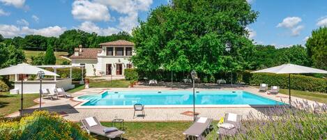 A swimming pool with lounge chairs and umbrellas, surrounded by a garden with flowers and a large tree.