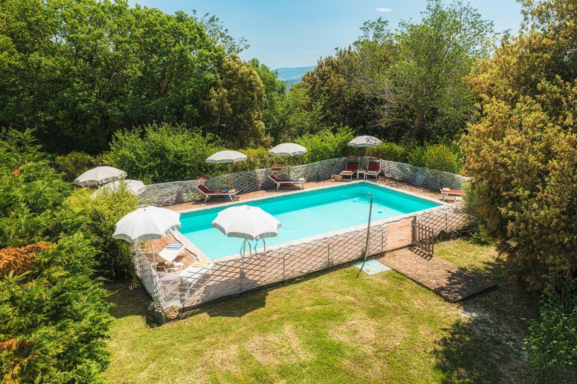 Une piscine rectangulaire, bordée d’une terrasse carrelée, entourée d’une pelouse et d’arbres. On y trouve plusieurs chaises longues et des parasols disposés autour de la piscine.
