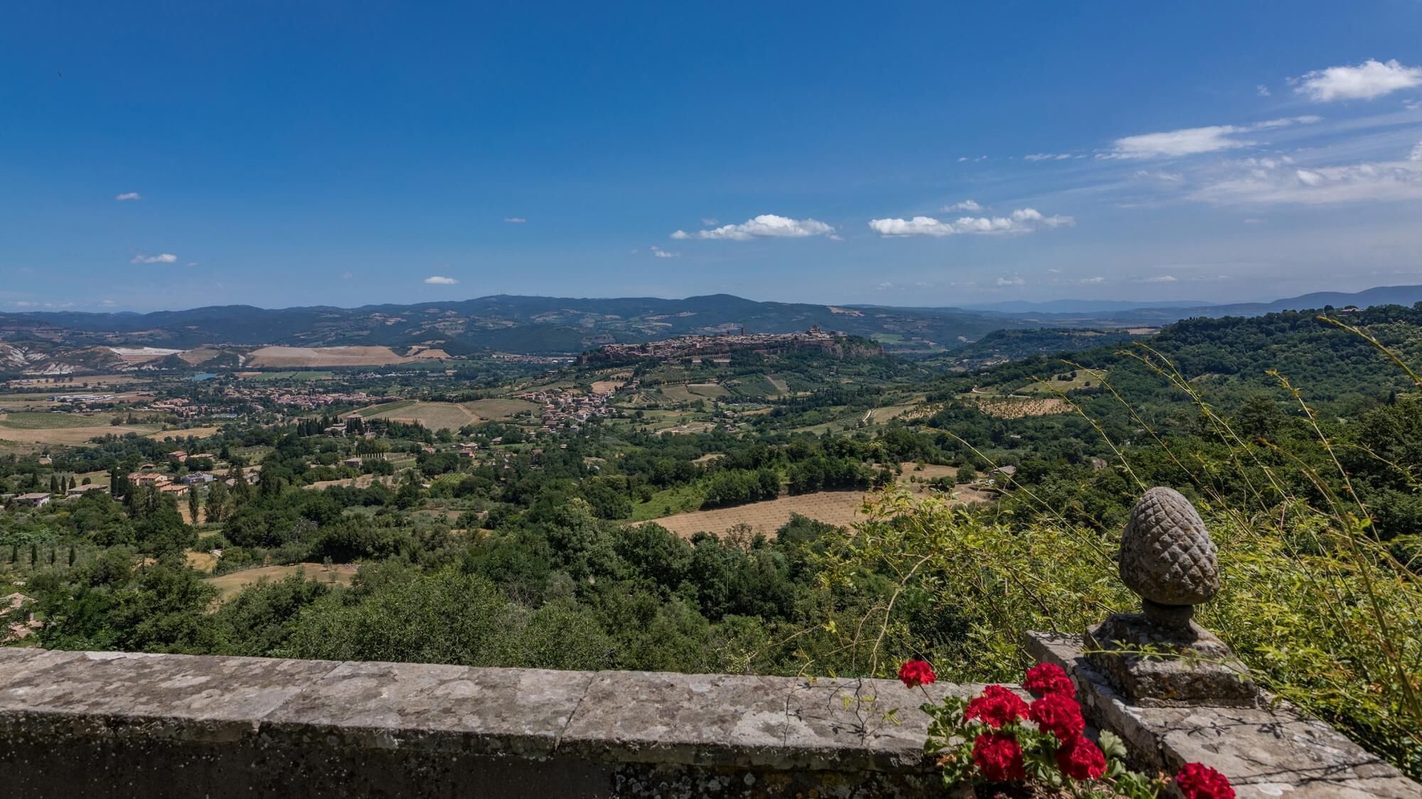 A panoramic view of a valley with a stone balustrade in the foreground, a stone sculpture, and red flowers.