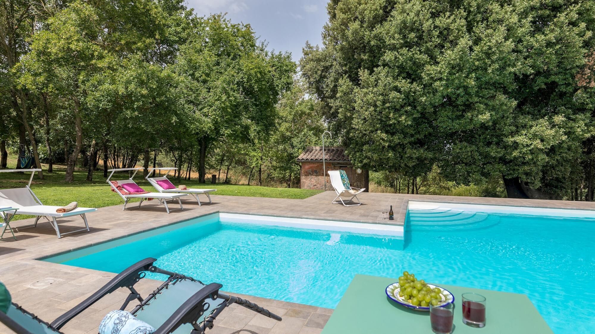 A swimming pool with lounge chairs and a table with grapes and drinks.