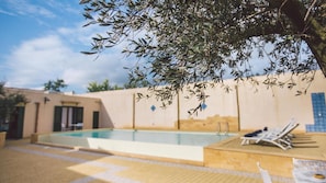 A swimming pool with a tiled deck, a lounge area with sun loungers, and a tree with olive branches.