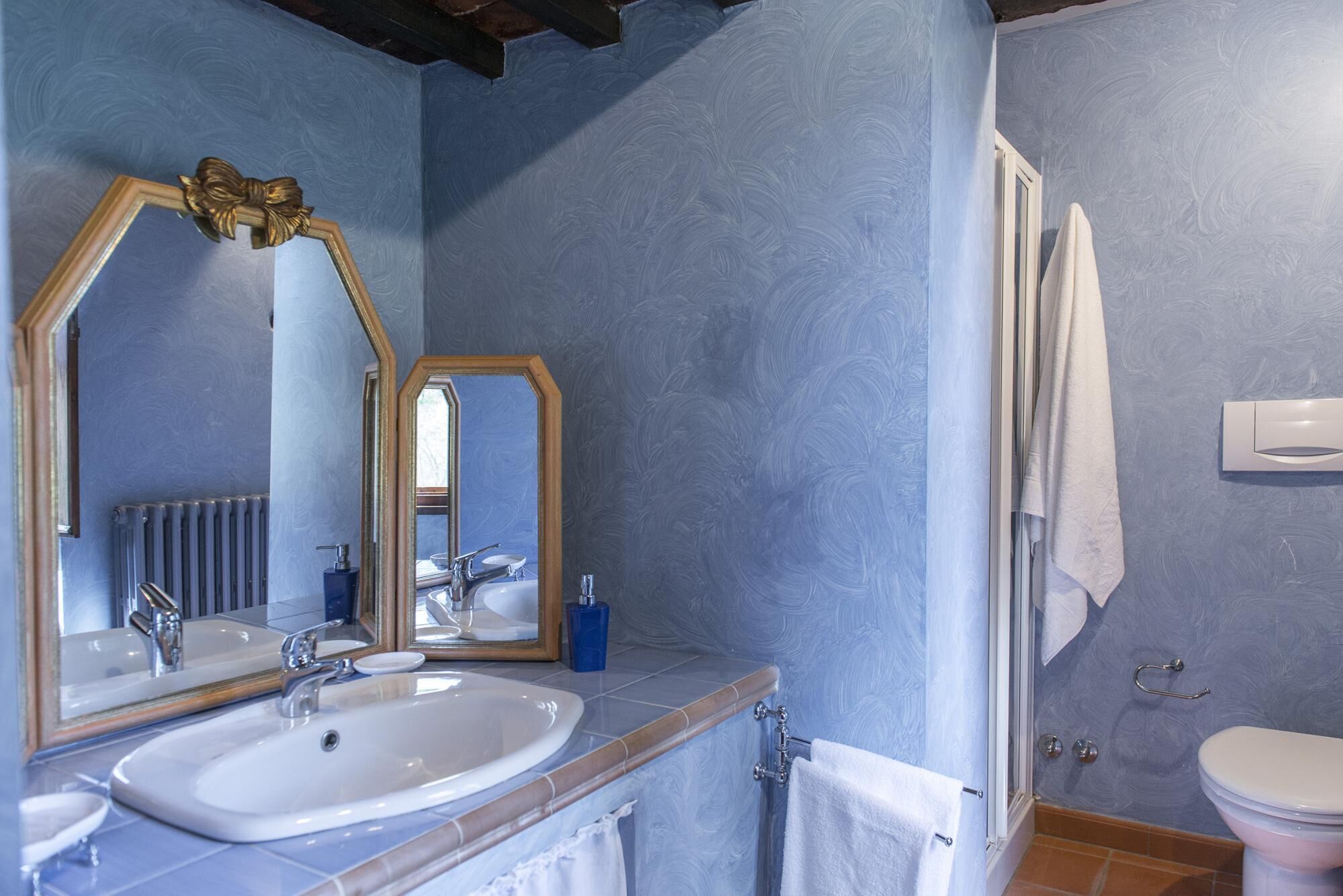 A bathroom with a sink, mirror, and toilet.