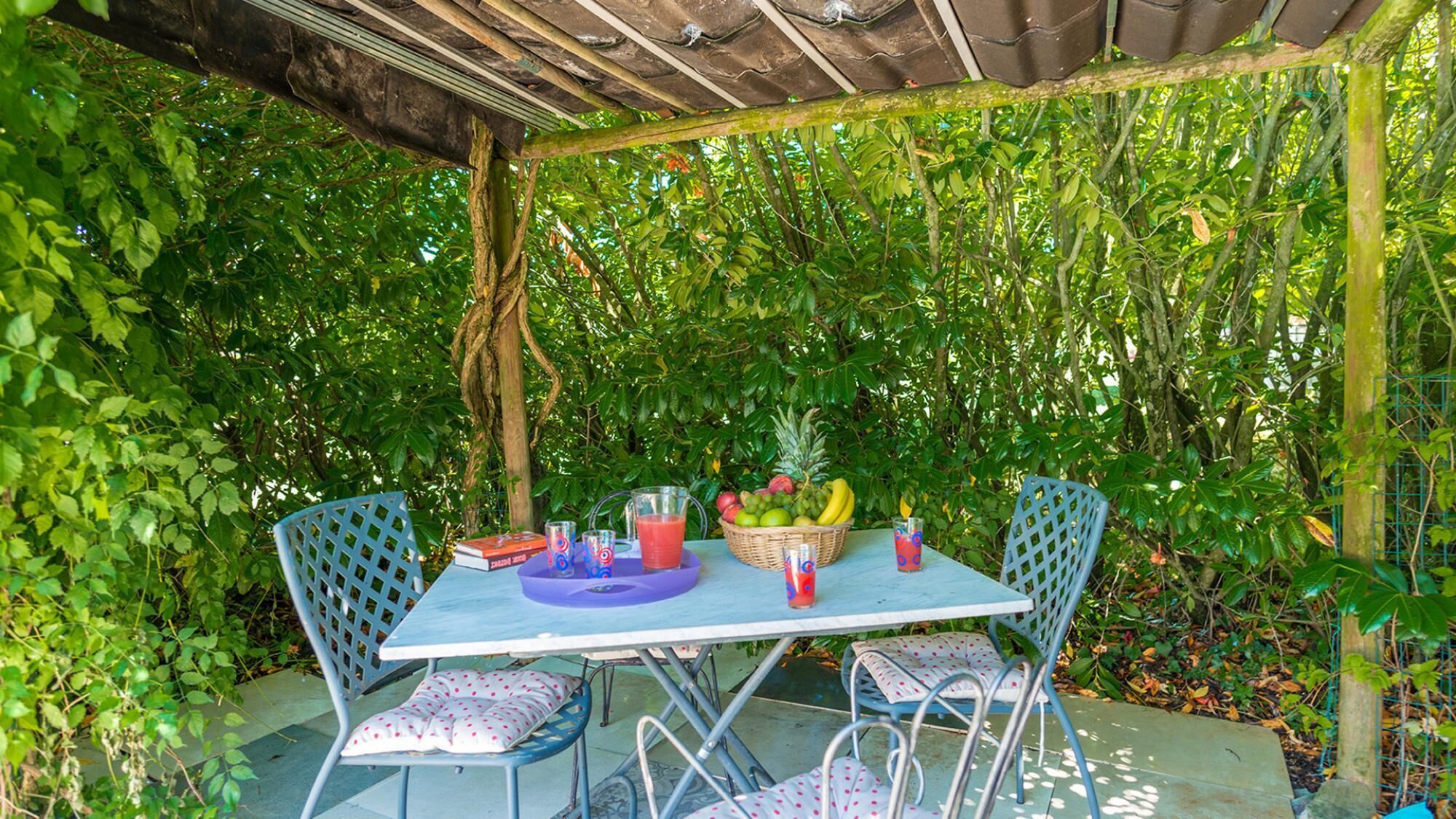 Een terras buiten met een tafel en stoelen, omringd door weelderige begroeiing.