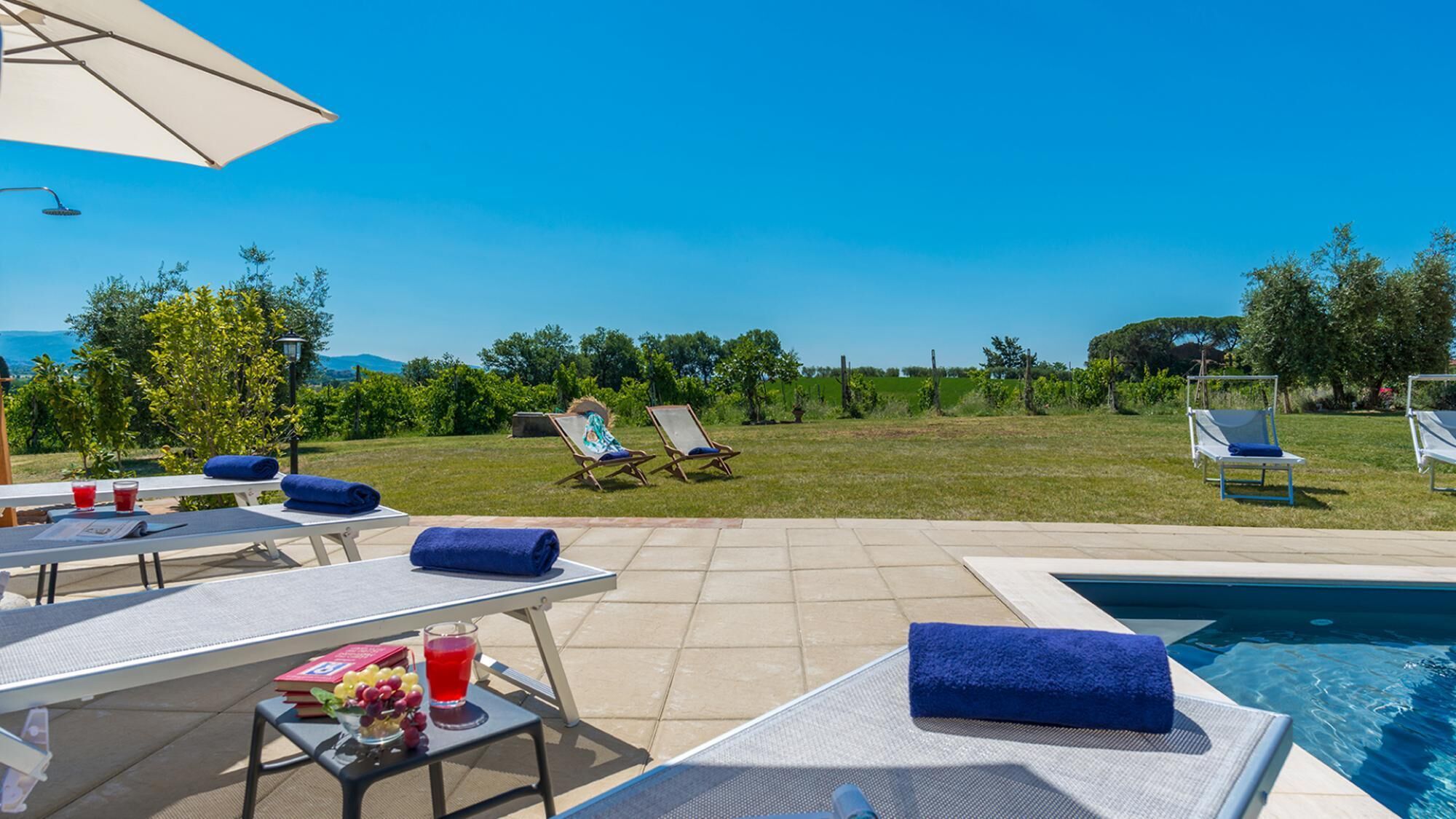 A poolside area with lounge chairs, a table with a drink and fruit, and a view of a vineyard.