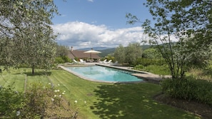 A rectangular swimming pool with a tiled deck, surrounded by well-maintained grass and trees.