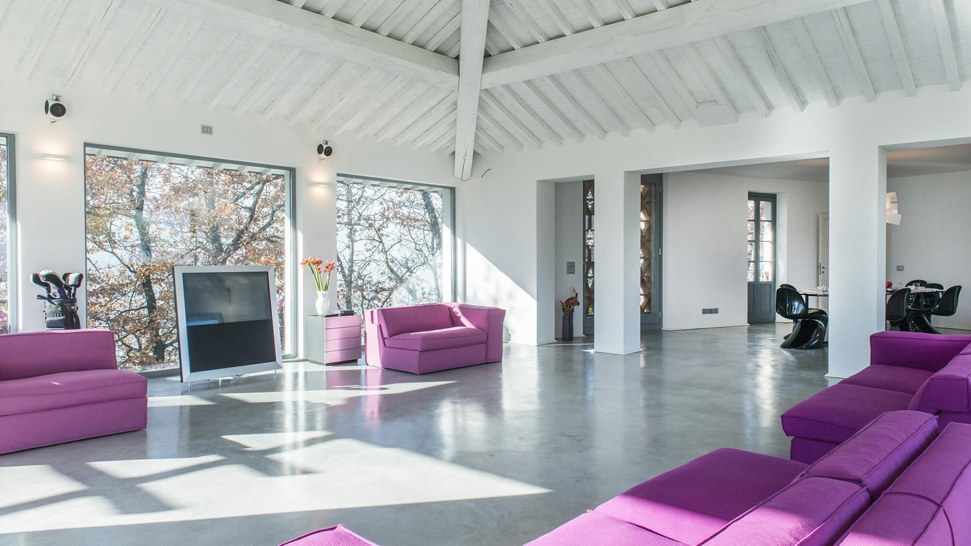 Un salón amplio con ventanas grandes, un televisor de pantalla plana y sofás morados.