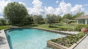 A swimming pool with a stone edge, surrounded by a well-maintained lawn and trees.