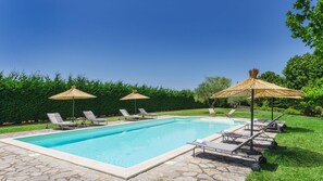 A rectangular swimming pool with lounge chairs and thatched umbrellas. - Pg-g601-voan6at - Villa Augusto 10 (Piegaro)