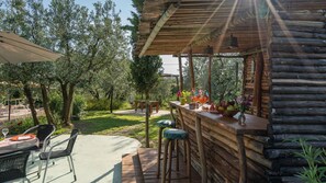A rustic wooden cabin with a bar area, outdoor seating, and a garden view. - Ar-l123-tebr0at - Buca Delle Fate 8 (Terranuova Bracciolini)