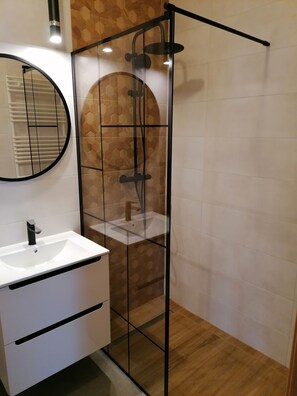 Regadera, secadora de cabello, toallas, jabón 