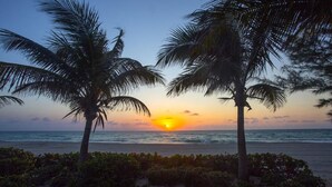 A beach scene with palm trees and a sunset over the ocean. - Private Beachfront Condominium with Resort and Amenities Access (Sunny Isles Beach)