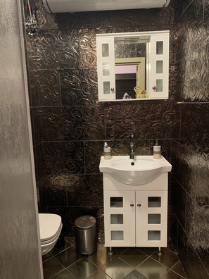 Douche, sèche-cheveux, serviettes fournies, savon