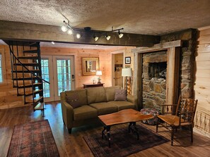 Smart TV, chimenea, reproductor de DVD y libros 