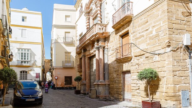 A narrow cobblestone street flanked by historic buildings with ornate balconies and a small tree in the foreground.