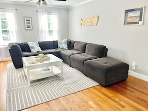 Smart TV, fireplace, books