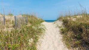 Ein sandiger Pfad führt zum Strand, umgeben von hohem Gras und Dünen.