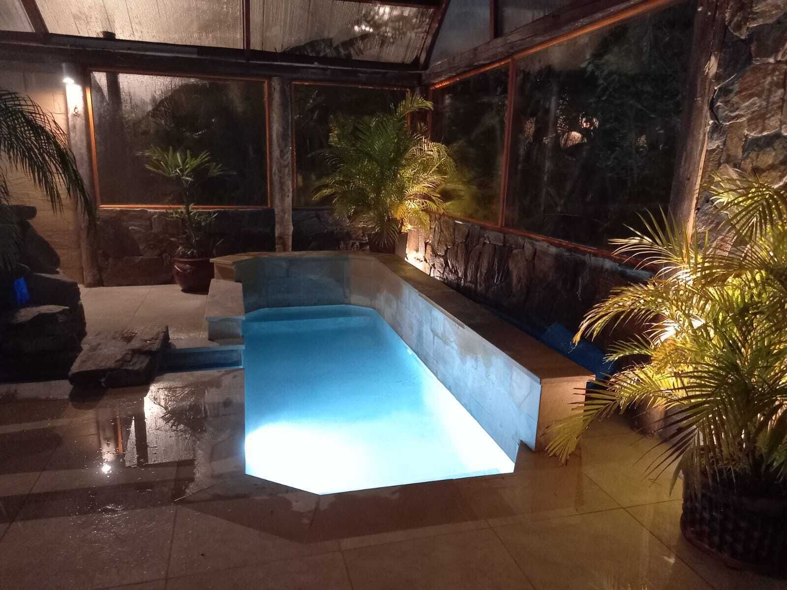 Ein moderner Poolbereich im Innenbereich mit einem blauen Pool, Steinwänden und Kübelpflanzen.