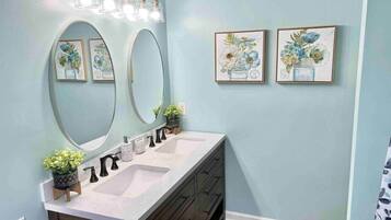 Combined shower/tub, hair dryer, towels