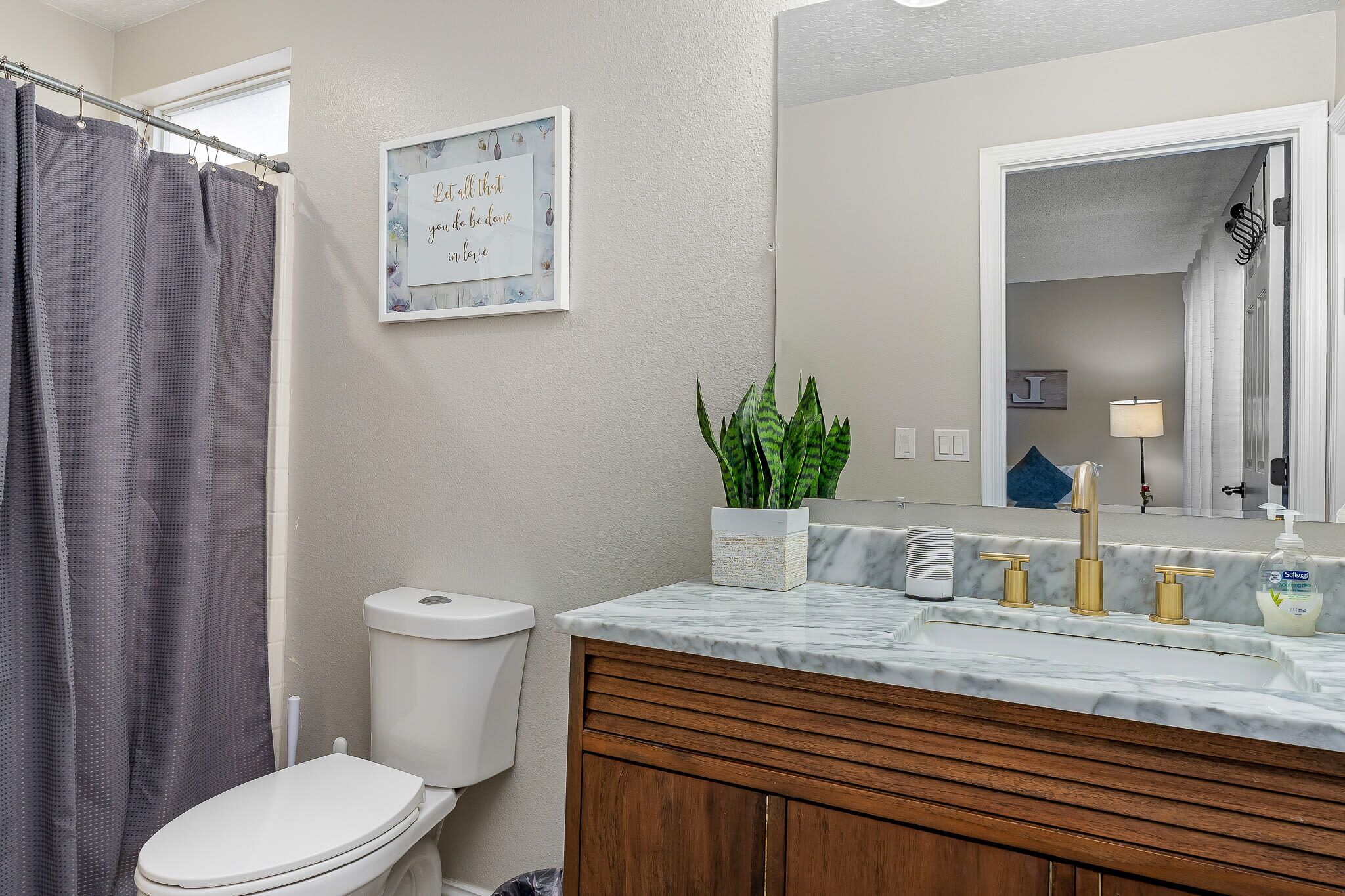 A bathroom with a toilet, shower curtain, vanity with a mirror, and a potted plant.