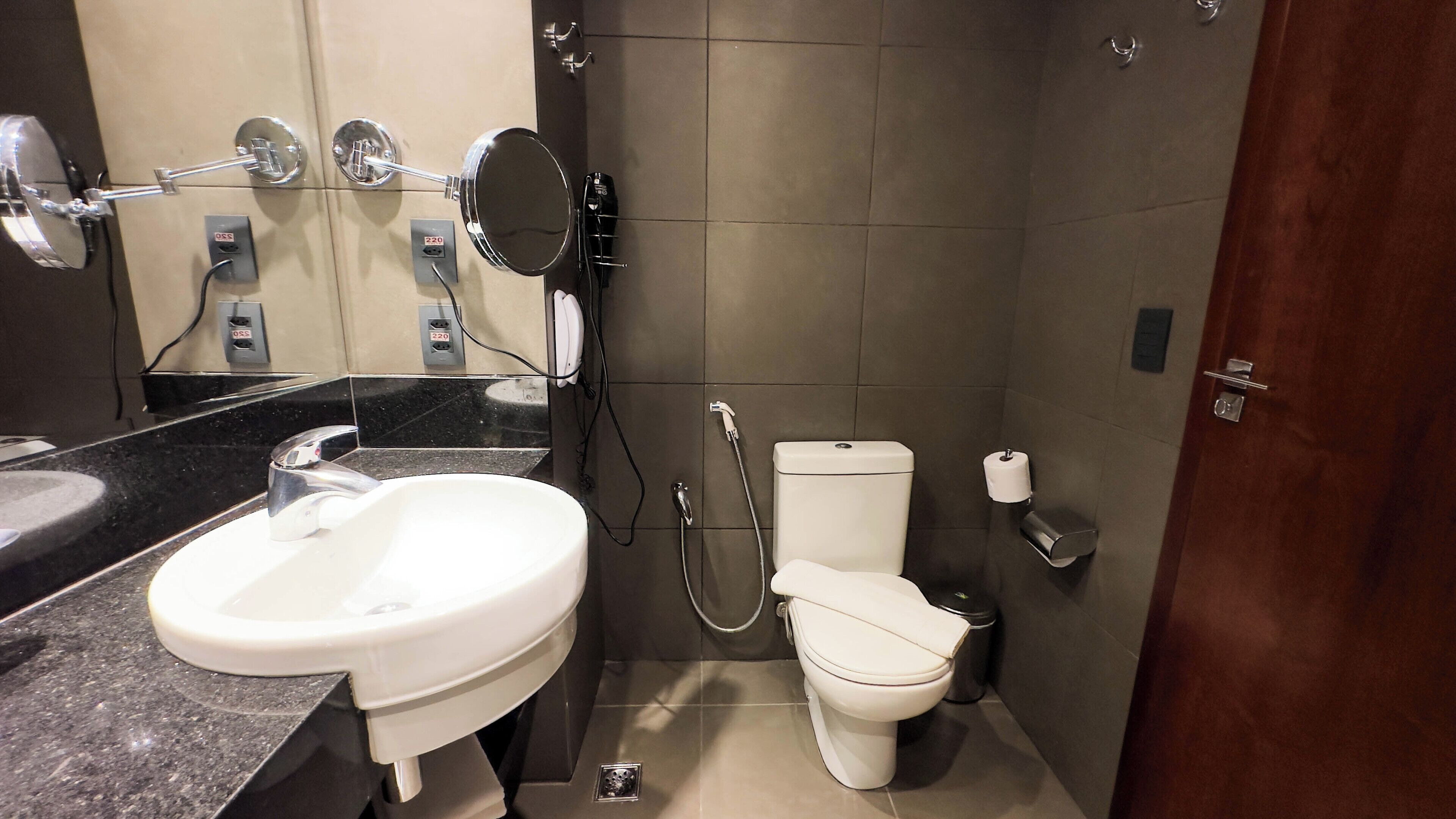 A modern bathroom with a sink, mirror, toilet, and shower.