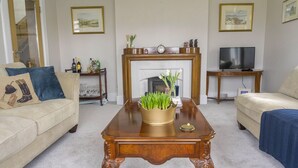 Una sala de estar con chimenea, televisor y dos sofás.