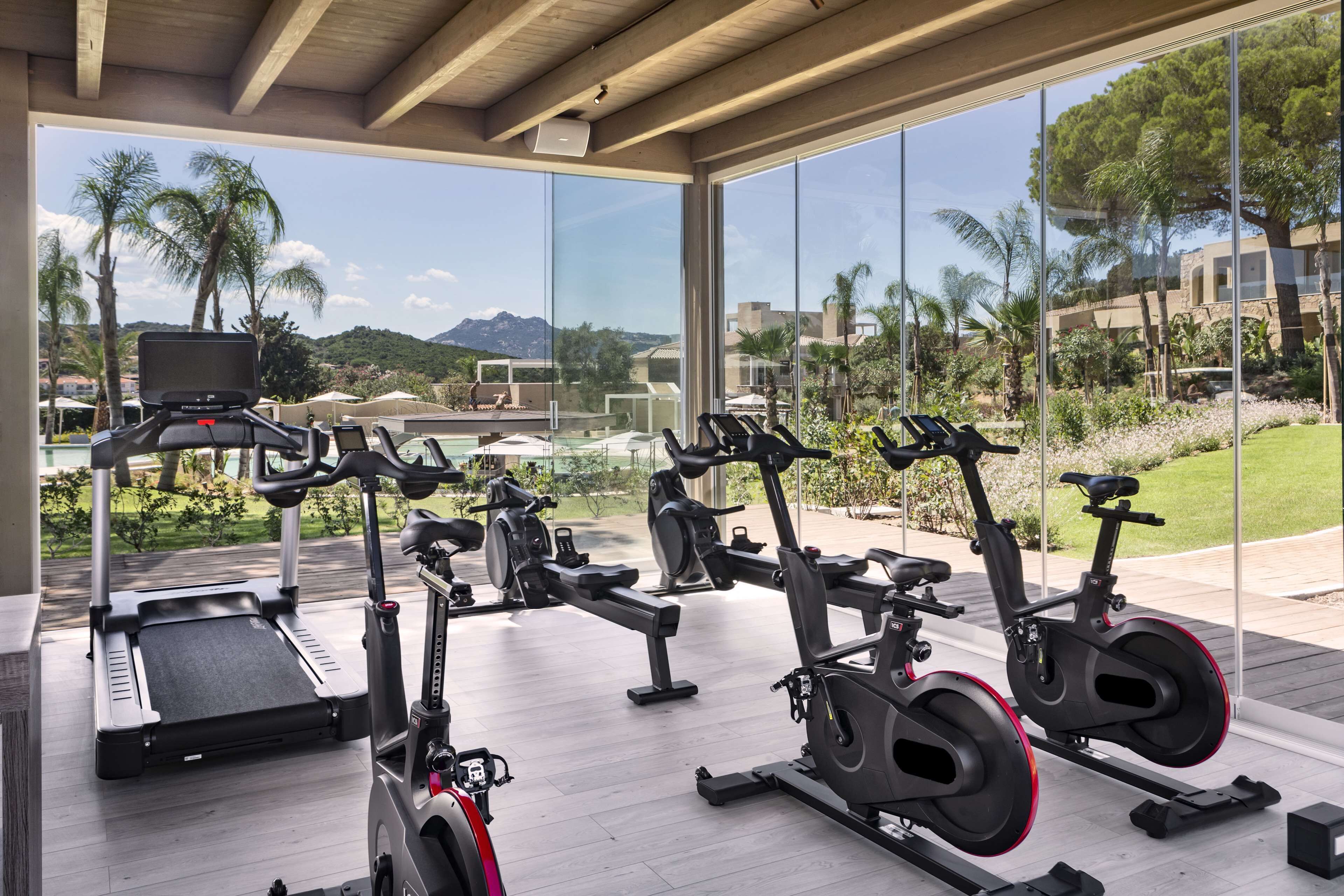 Un gimnasio moderno con bicicletas estáticas, una cinta de correr y una máquina de remo, con vistas a un jardín ajardinado y una vista de la montaña.