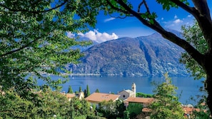 A lake with a mountain in the background, surrounded by greenery and buildings with red-tiled roofs.