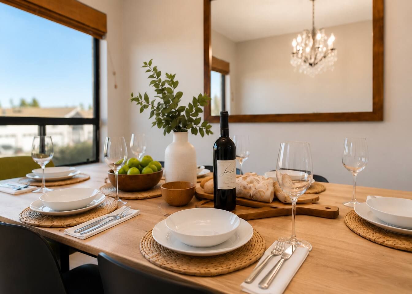 Una mesa de comedor preparada con platos, cubiertos, una botella de vino y un bol de fruta.
