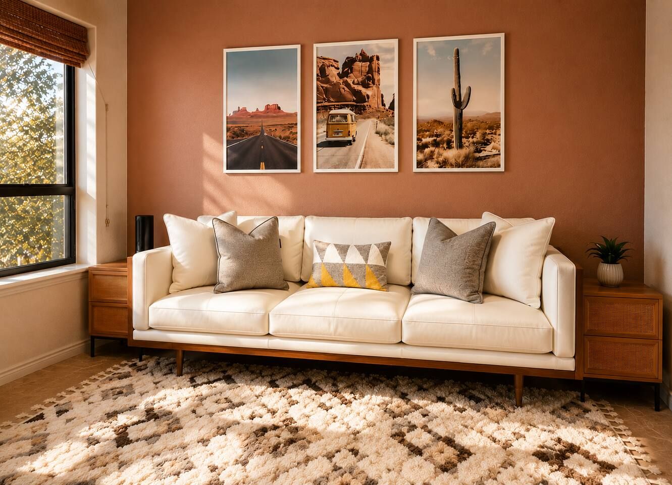 A room with a white sofa, a patterned rug, and three framed pictures on the wall.