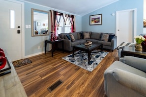 A living room with a gray sofa, a coffee table, and a rug. There is a window with curtains and a mirror on the wall. - Cozy Asheville Get Away (Asheville)