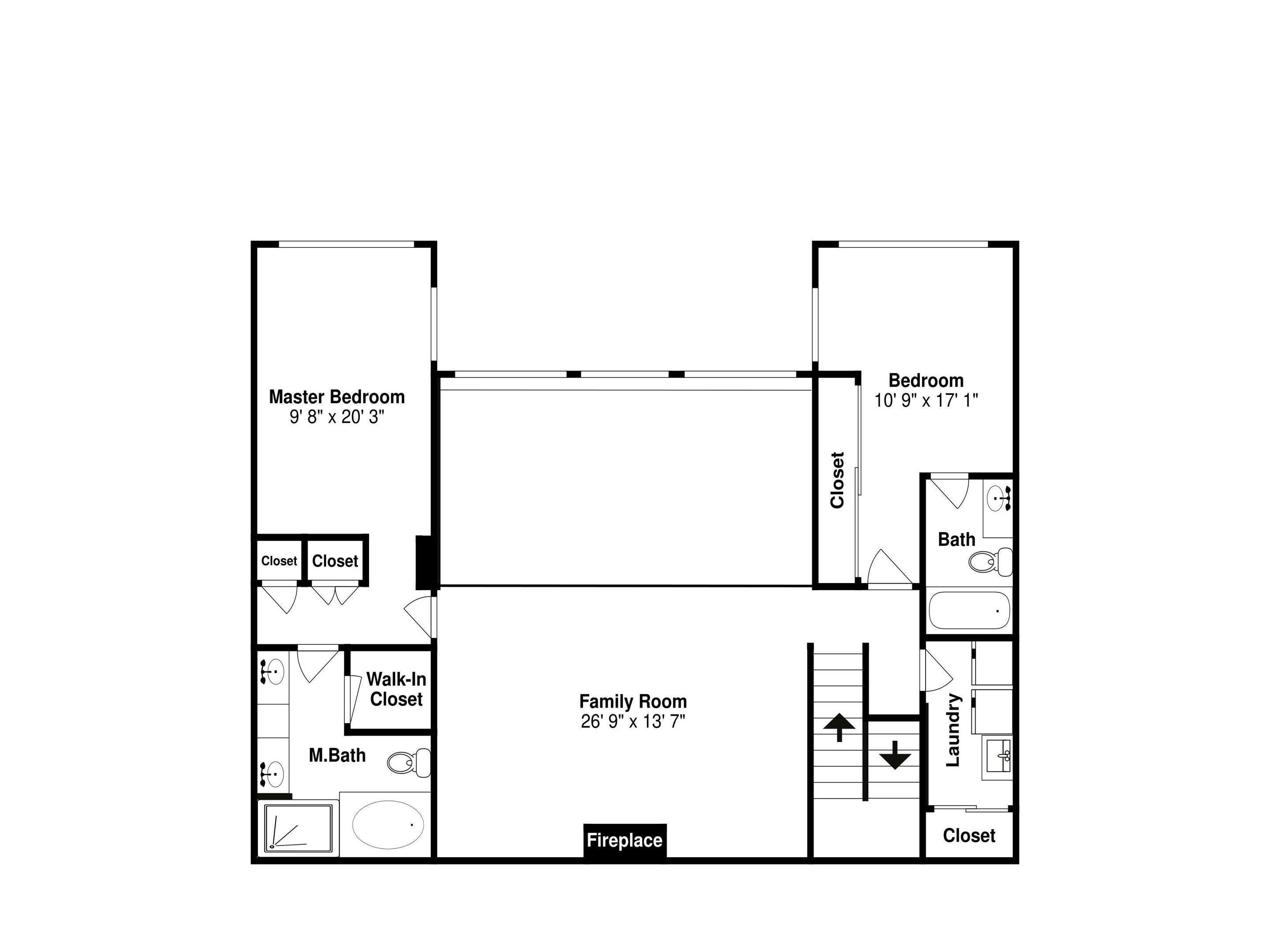 Un plan d’étage d’une maison comprenant une chambre principale, une chambre plus petite, une salle familiale, un dressing, une salle de bain attenante à la chambre principale, un espace buanderie et une cheminée.