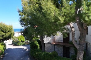 A residential street with a white building, a tree-lined driveway, and a clear view of the sea.