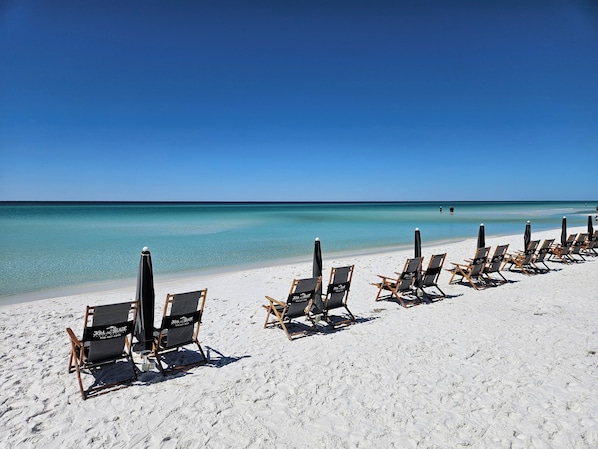 A beach with rows of beach chairs and umbrellas, a clear blue sky, and calm ocean waters.