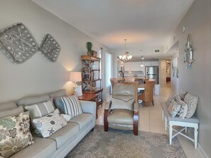 Condo, Multiple Beds, Balcony, Beach View (#201 - No Pets) | Living area | 40-inch TV with cable channels, DVD player - Grand Panama Beach Resort by Resort Collection (Panama City Beach)