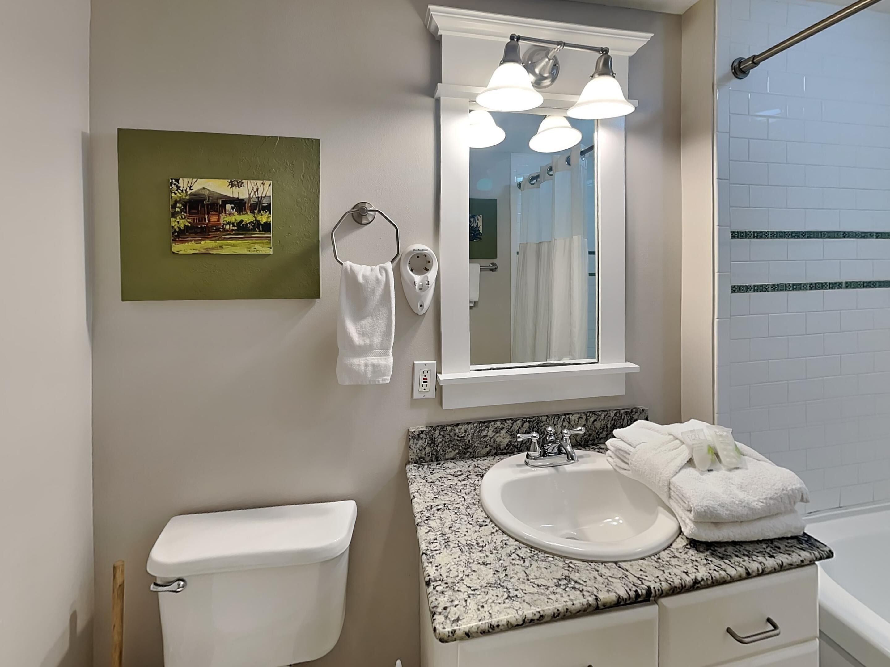 A bathroom with a toilet, sink, and mirror. There is a towel rack with towels and a picture on the wall.