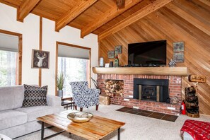 Smart TV, chimenea, reproductor de DVD y libros